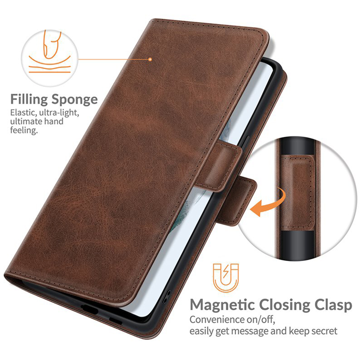 Bruine leren telefoonhoes open met telefoon erin, magnetische sluiting, witte achtergrond.