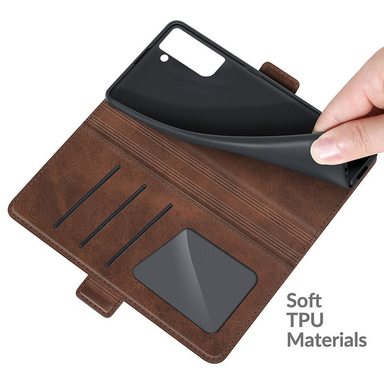 Telefoonhoes met portemonnee-ontwerp, bruin leer en een hand die de telefoon toont.