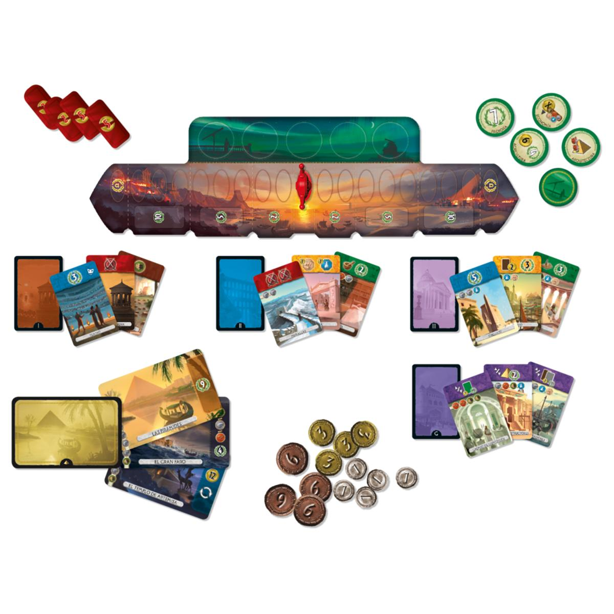 Componentes de juego de mesa, incluyendo cartas, fichas y tablero. Fondo blanco.
