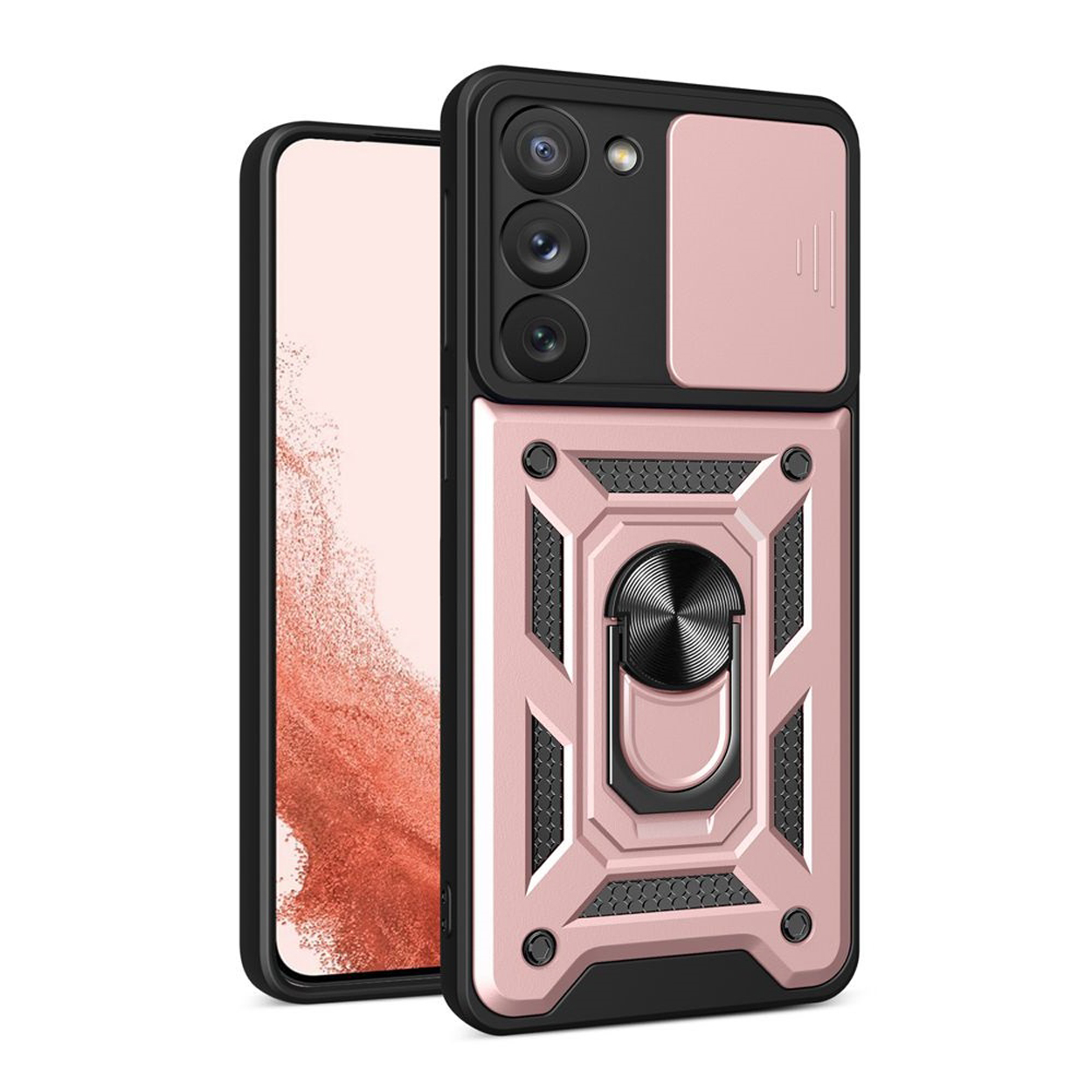 Roze en zwarte telefoonhoes met een ringhouder en een cameralensbescherming.