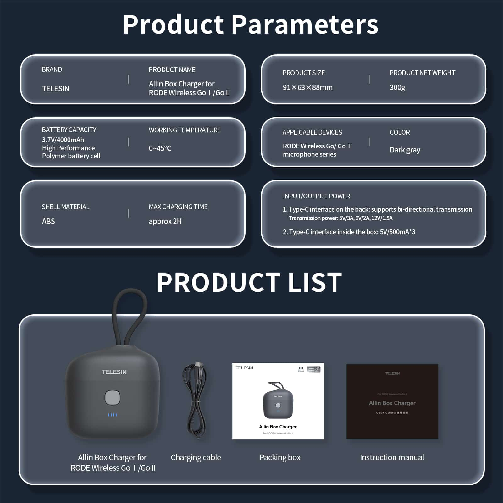 Parametry produktu i lista produktów dla ładowarki, czarno-szarej.