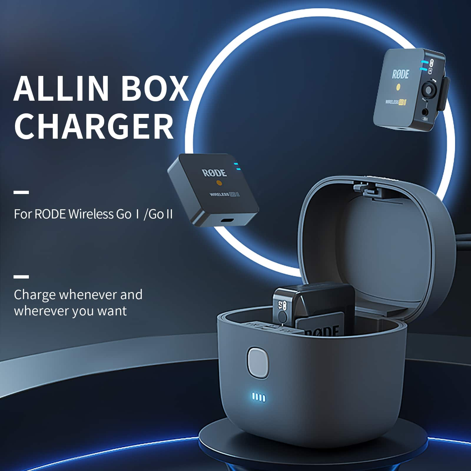 Obraz przedstawiający etui ładujące i komponenty Rode Wireless Go II, z tekstem.