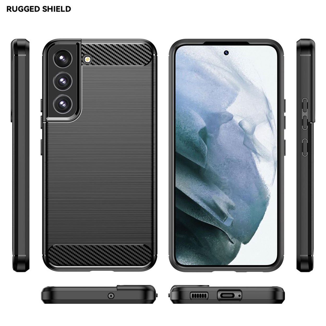 Zwarte telefoonhoes met getextureerde achterkant en meerdere hoeken. Witte achtergrond.