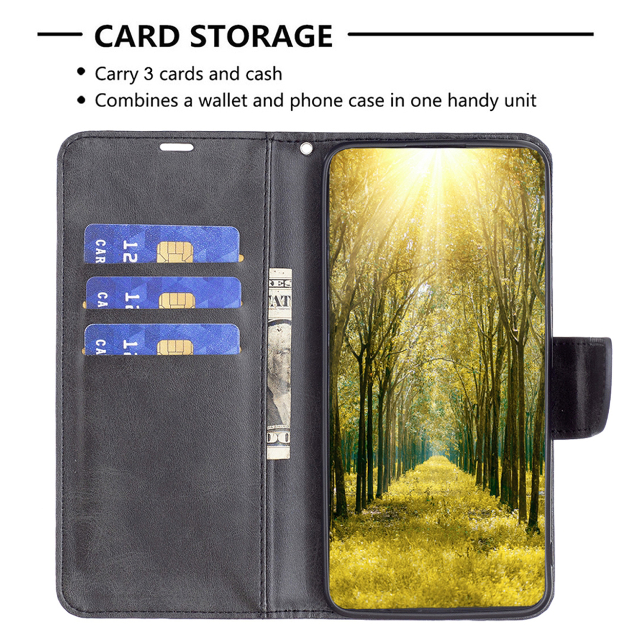 Coque de téléphone noire ouverte pour révéler cartes et téléphone. Trois cartes.