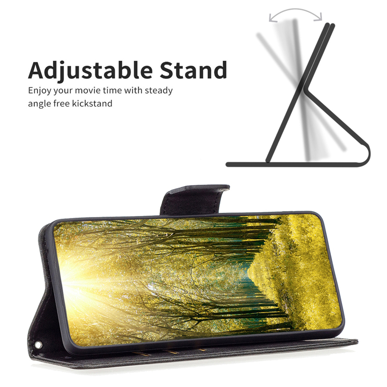 Étui de téléphone noir avec forêt. Fonction support réglable.