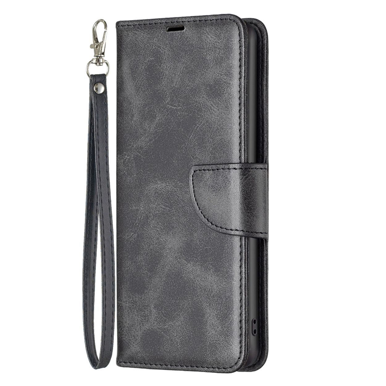Étui de téléphone en cuir gris avec dragonne. Fermé, avec fermeture magnétique.