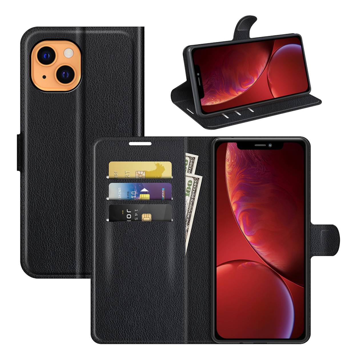Étui de téléphone noir avec téléphone rouge, fentes pour cartes et fonction support. Fond blanc.