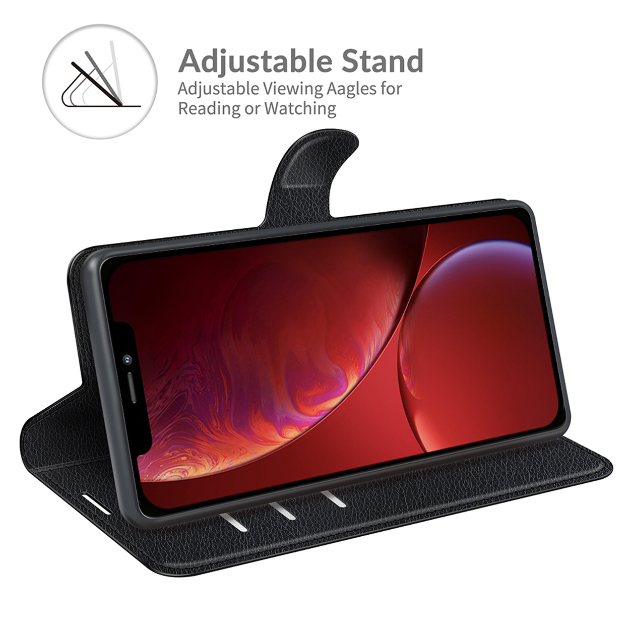 Étui de téléphone noir, ouvert pour montrer le téléphone incliné. Le téléphone affiche un design abstrait rouge et jaune.