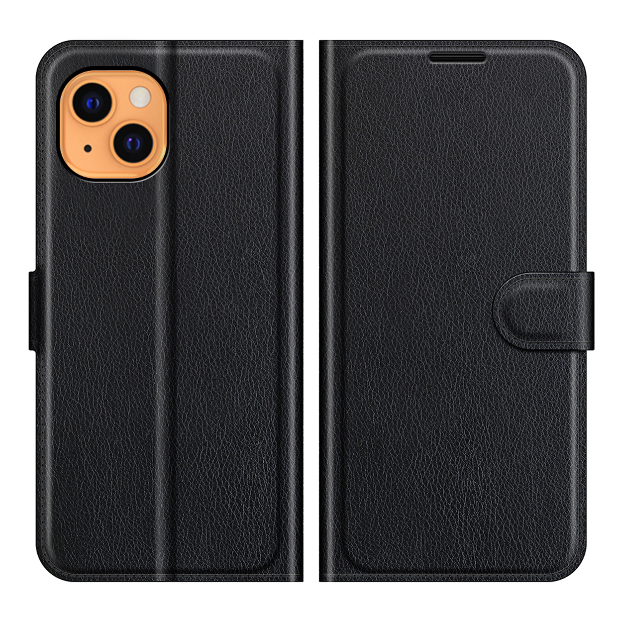 Un étui de téléphone noir avec un téléphone à l'intérieur. L'étui est fermé et possède une fermeture à bouton.