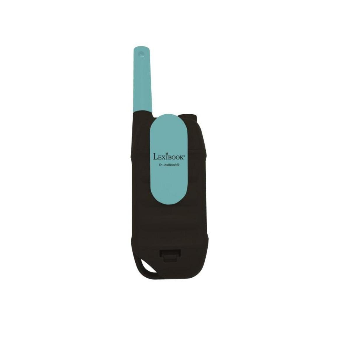 Un walkie-talkie negro y verde azulado con el logotipo de Lexibook sobre fondo blanco.