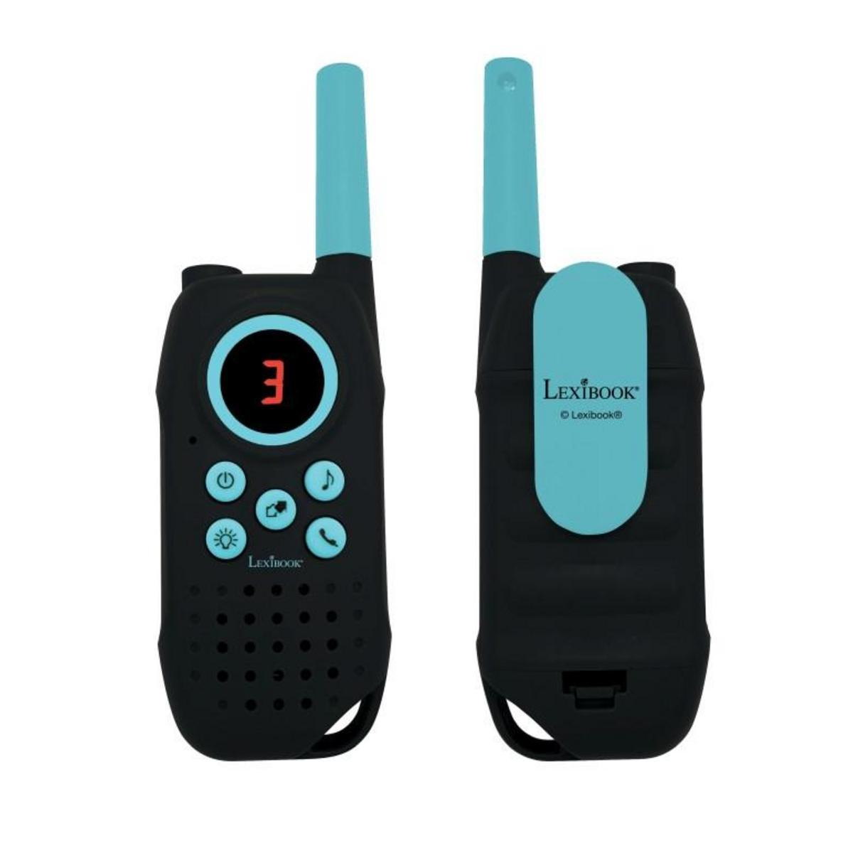Dos walkie-talkies negros y verde azulado, uno mostrando el frente, el otro la parte trasera.