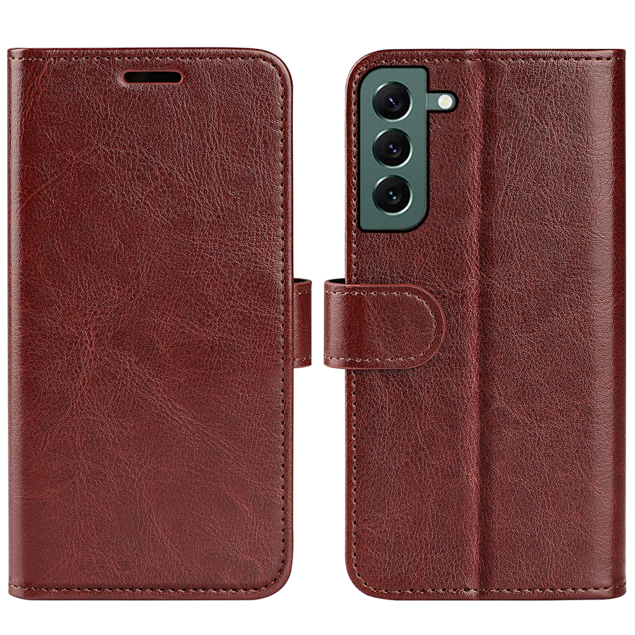 Bruine leren telefoonhoes, open en dicht. De telefoonhoes heeft een magnetische sluiting.