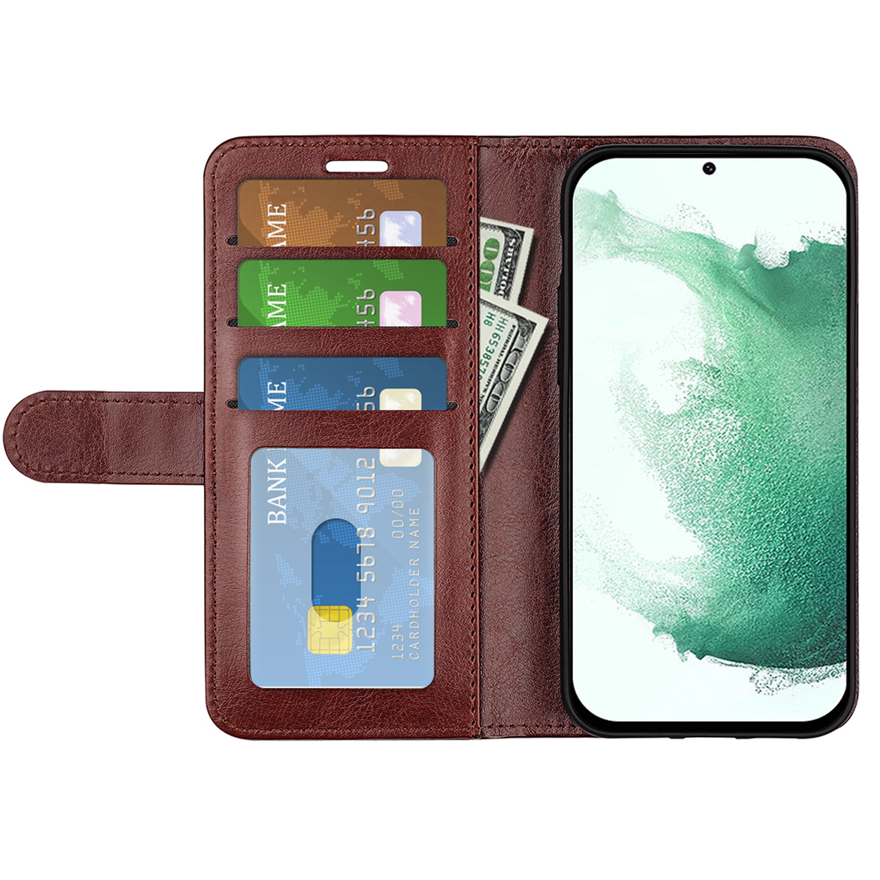 Bruine leren telefoonhoes, open. Toont kaarten en een dollarbiljet. Telefoon zit erin.