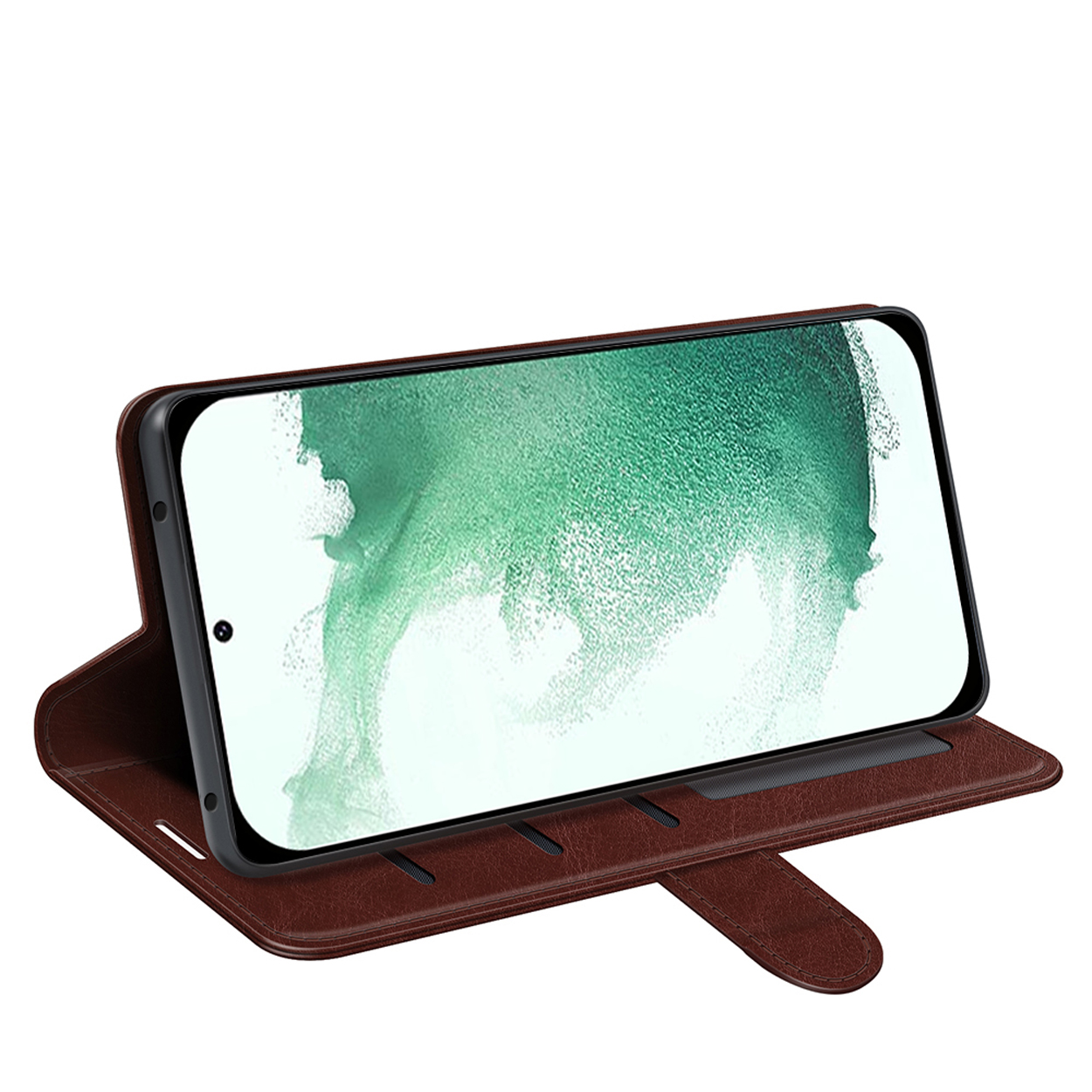 Bruine leren telefoonhoes, open met telefoon zichtbaar, op witte achtergrond.