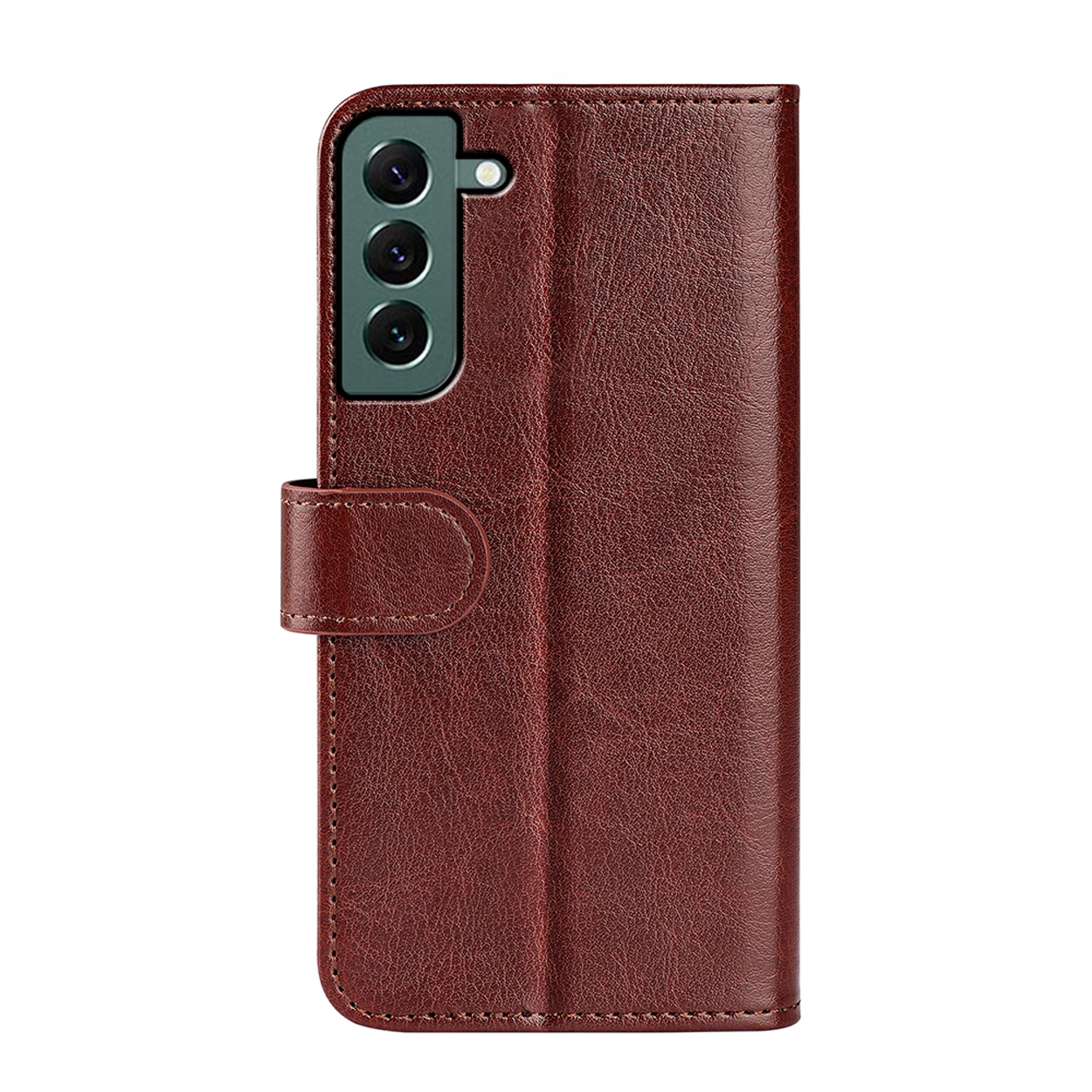 Bordeaux leren telefoonhoes, gesloten, met camera-uitsparingen en flap.
