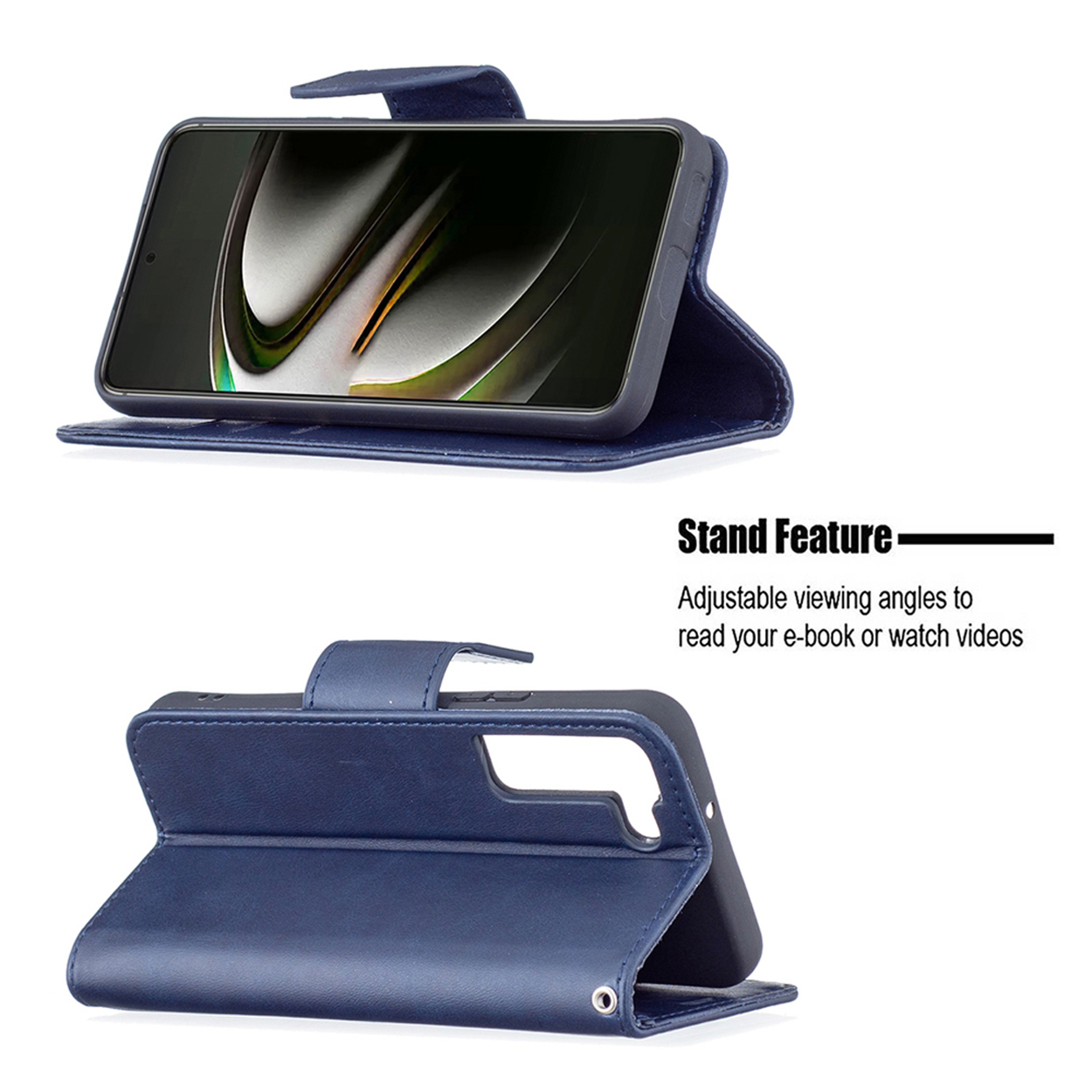Blauwe telefoonhoes met telefoon in twee posities. Een open voor weergave, de andere als standaard.