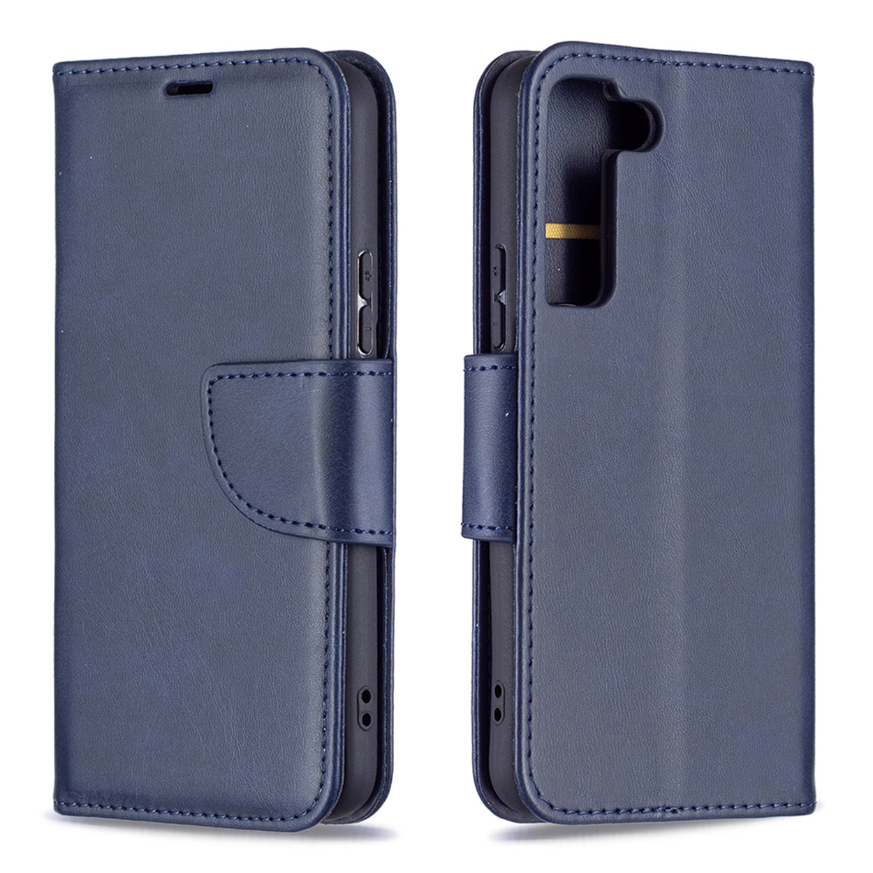 Blauwe telefoonhoes, open en dicht, met een telefoon. Voorzien van een magnetische sluiting en een gladde afwerking.