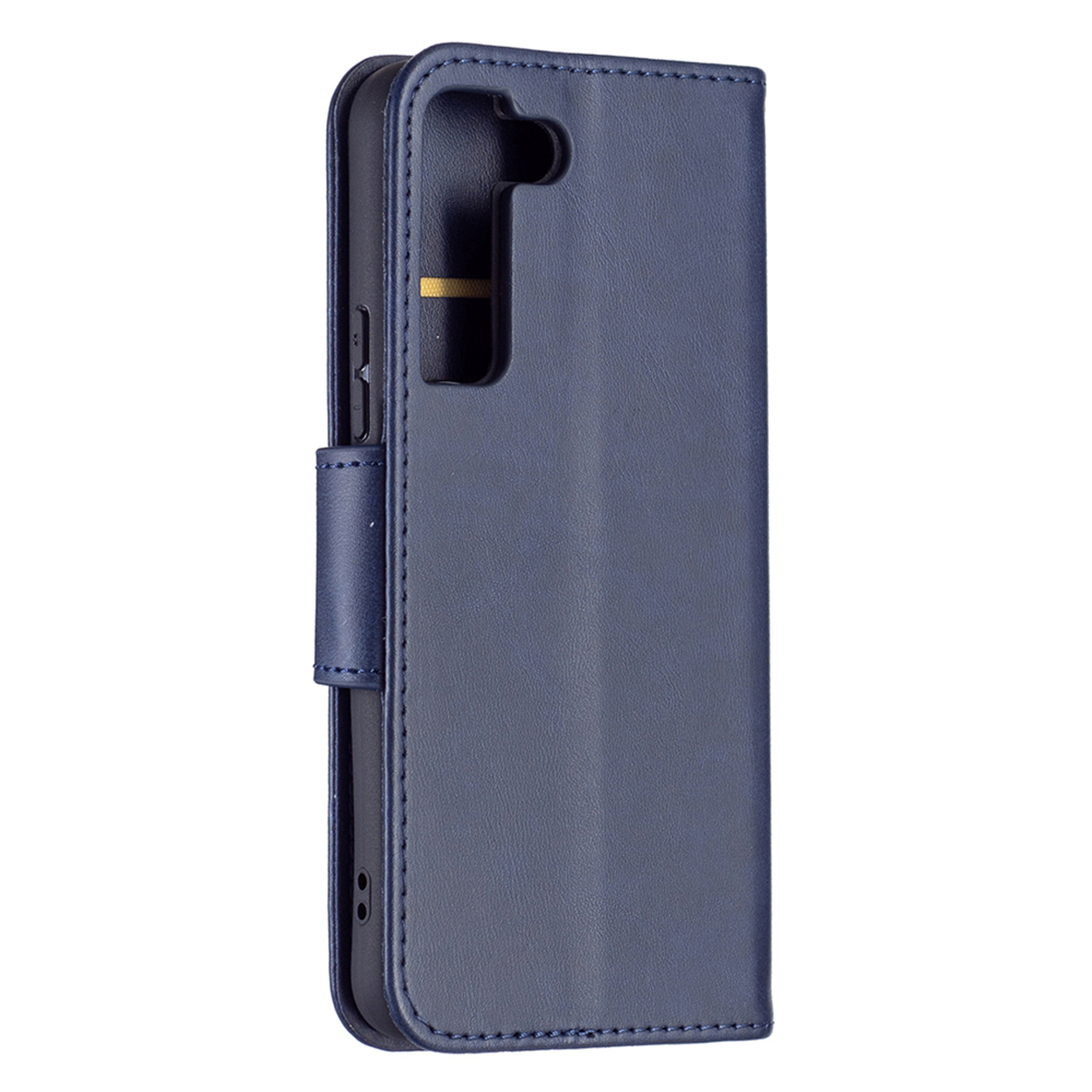 Blauwe telefoonhoes, gesloten, met een flap. De telefoon zit in de hoes.