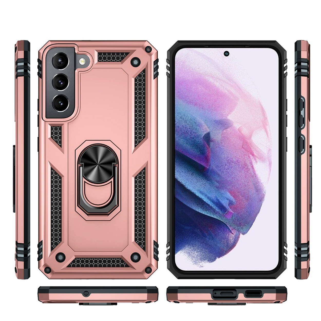 Roségouden telefoonhoesje met ringhouder en telefoon. Er worden meerdere weergaven van de hoes getoond.