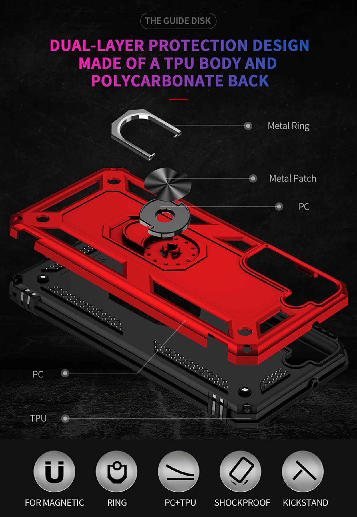 Een telefoonhoesje met verschillende lagen, met een dubbellaags beschermingsontwerp. De achterkant is van polycarbonaat.