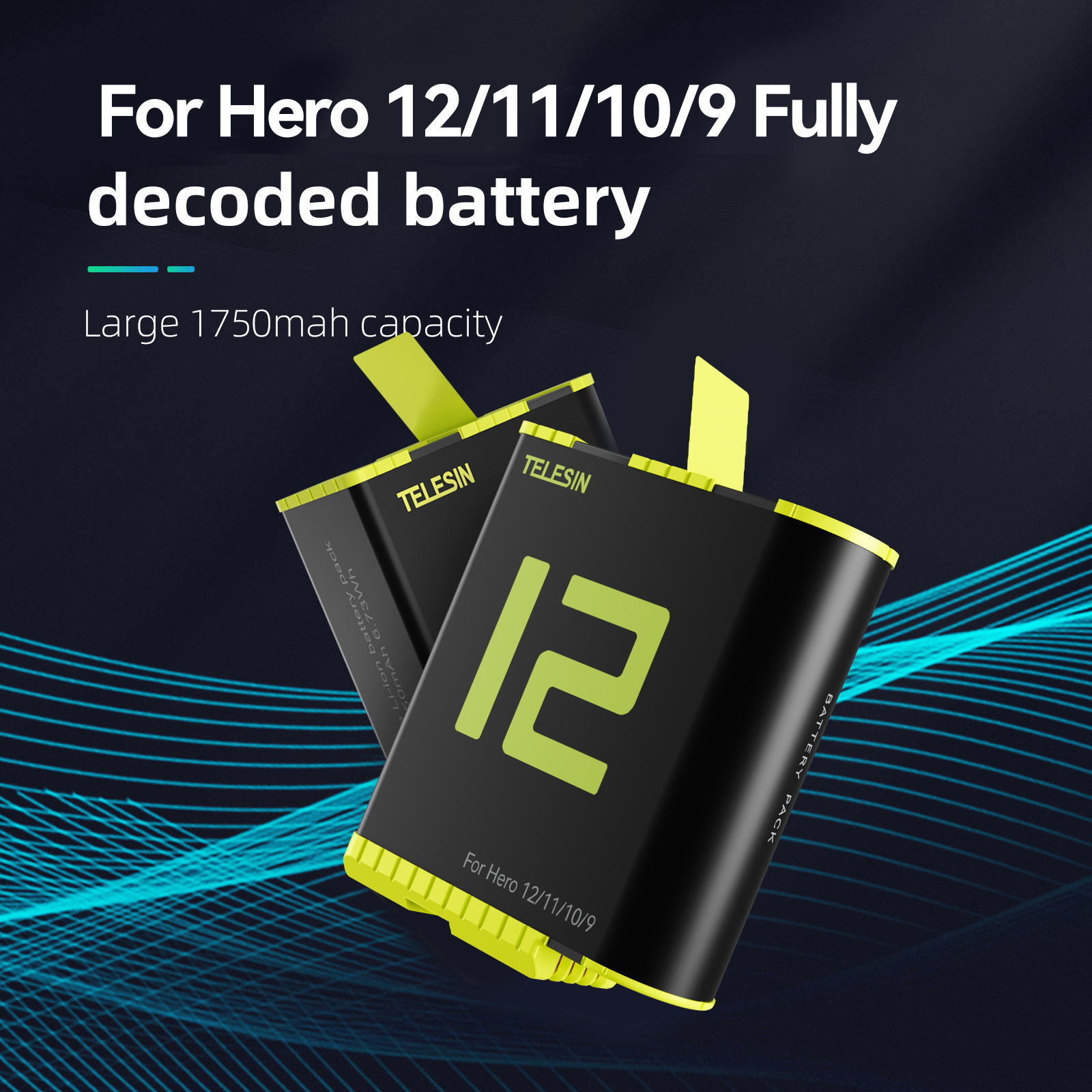 Deux batteries noires, étiquetées '12' et 'For Hero 12/11/10/9'. Design vert et jaune.