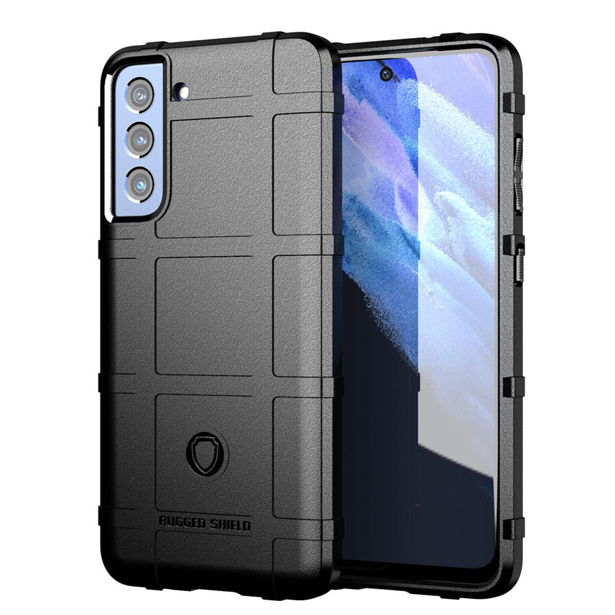 Zwarte telefoonhoes met robuust ontwerp. De telefoonhoes ligt op een telefoon. Zwarte behuizing met een blauwe camera.