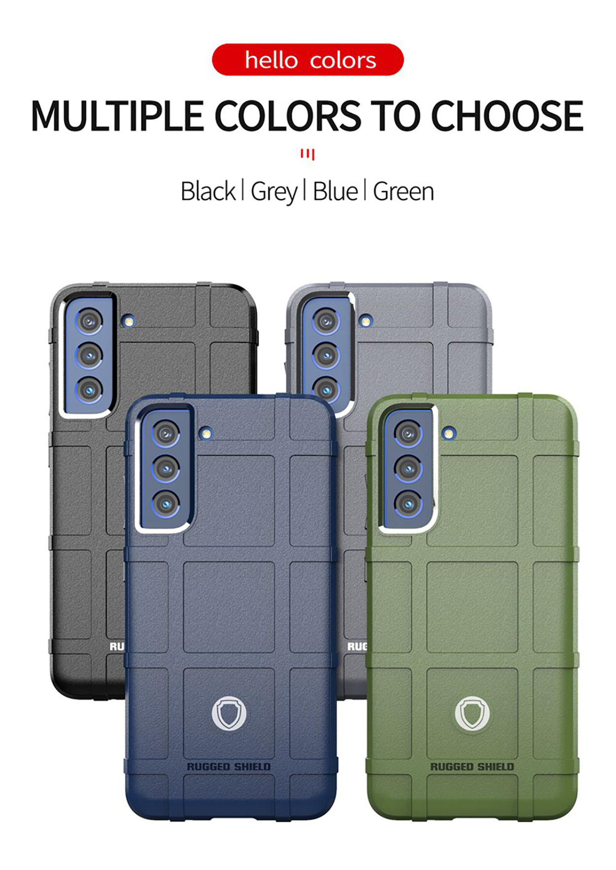 Meerdere robuuste telefoonhoesjes. Zwart, grijs, blauw en groen. Elk heeft een telefoon erin.