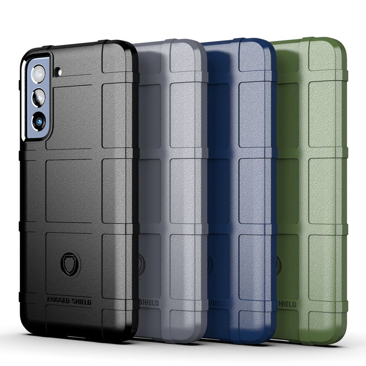 Vier robuuste telefoonhoesjes in zwart, grijs, blauw en groen. De hoesjes staan ​​naast elkaar in een rij.