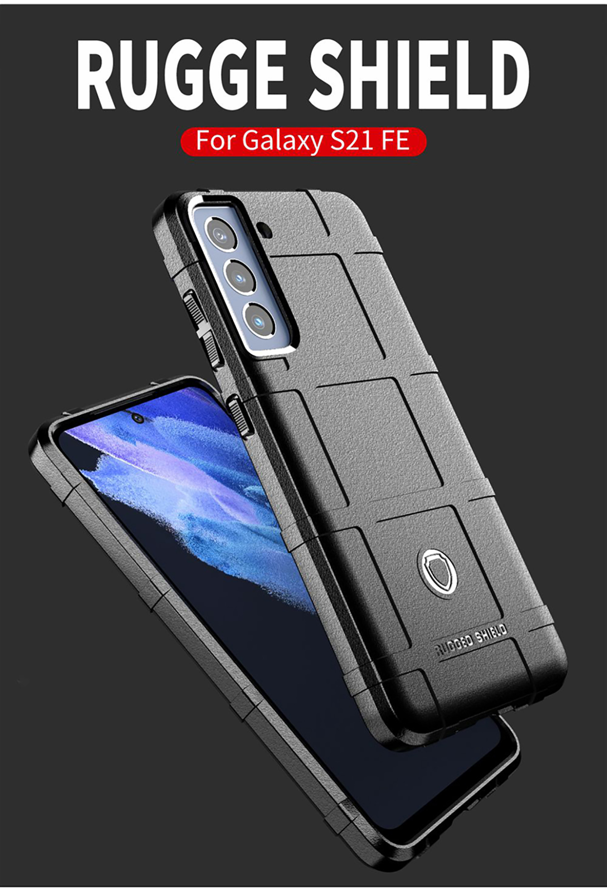 Zwarte telefoonhoes met een gestructureerd ontwerp en de woorden Rugged Shield. Er zit een telefoon in.