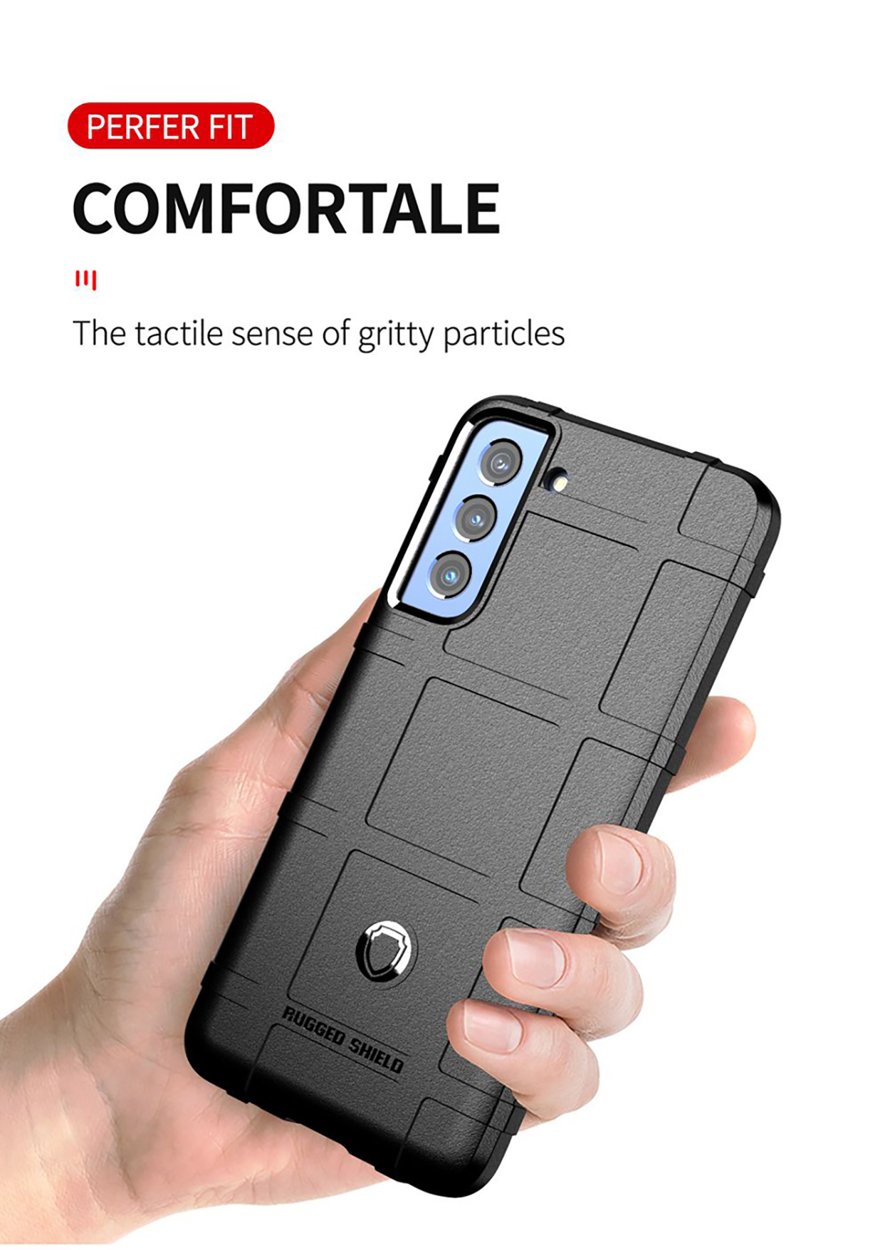 Zwarte telefoonhoes met een getextureerd ontwerp, vastgehouden door een hand.