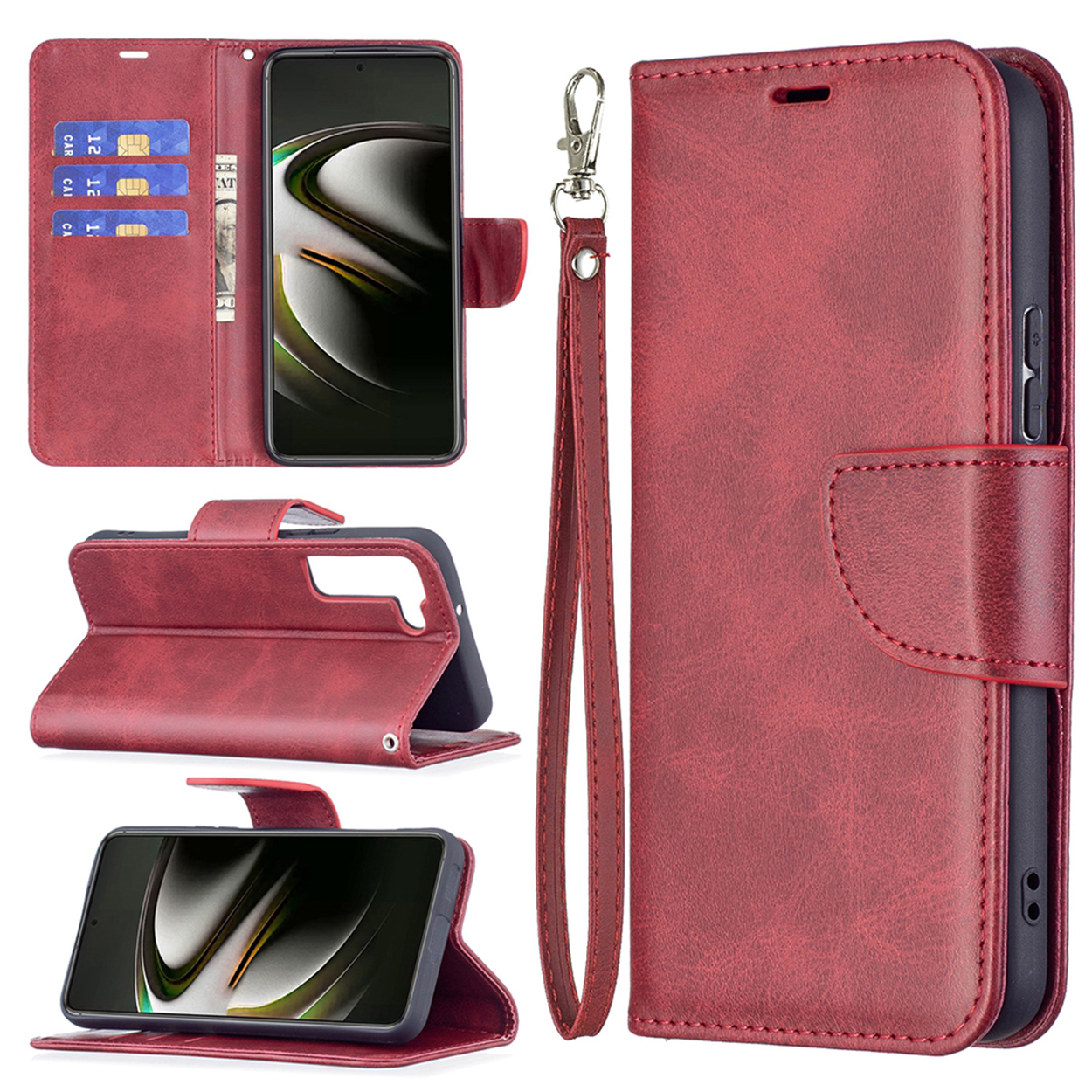 Rode telefoonhoes met portemonnee-ontwerp, kaartsleuven, polsband en een telefoon.