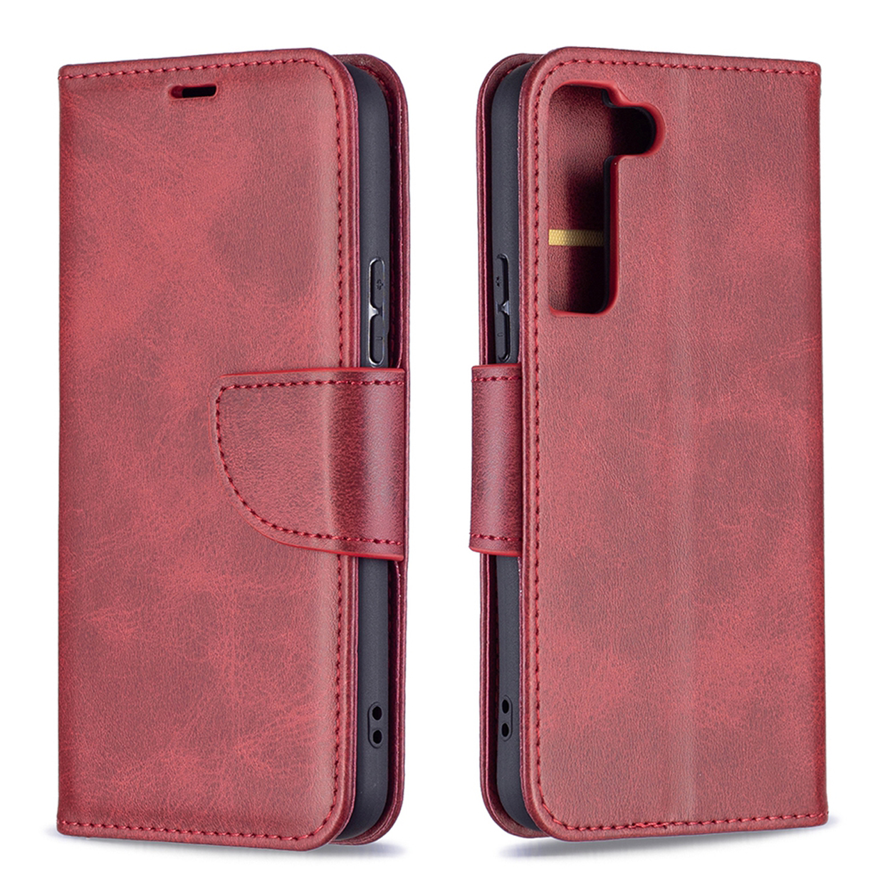 Rode leren telefoonhoes, open en dicht, beide zijden tonend. Met magnetische sluiting en stiksels.