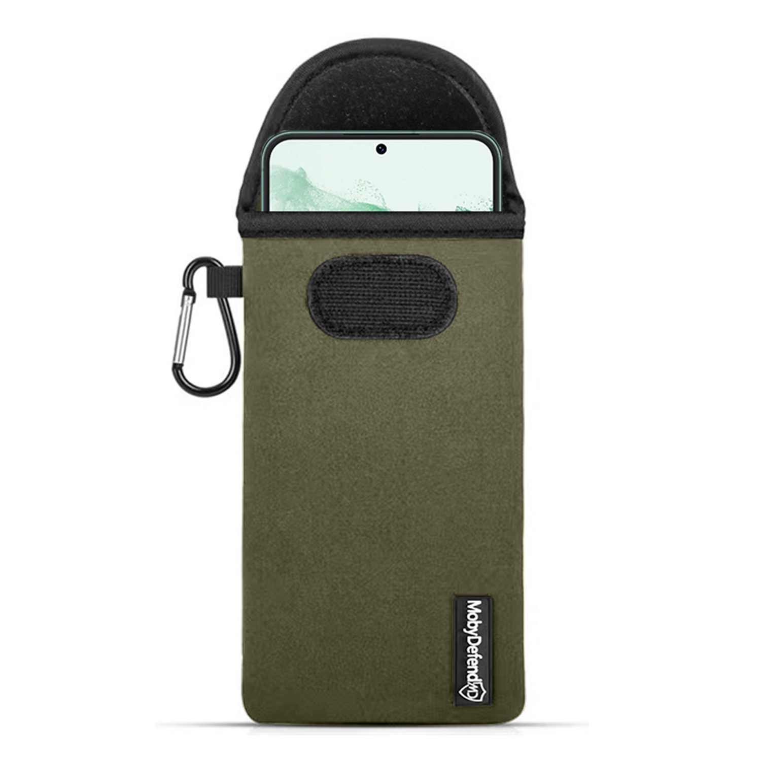 Groene telefoonhoes met telefoon en karabijnhaak. MobyDefend logo.
