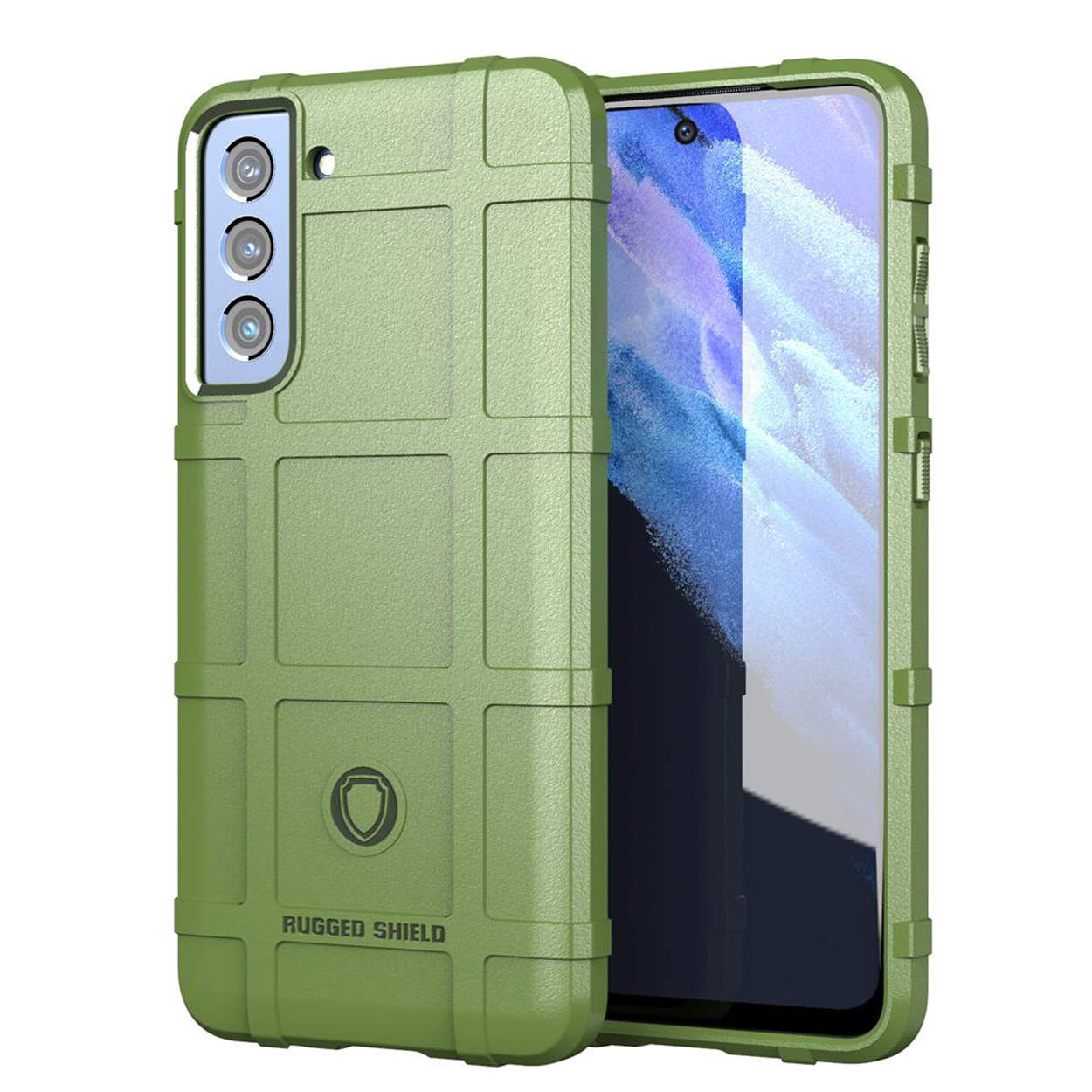 Étui de téléphone vert avec design texturé, ouvert.