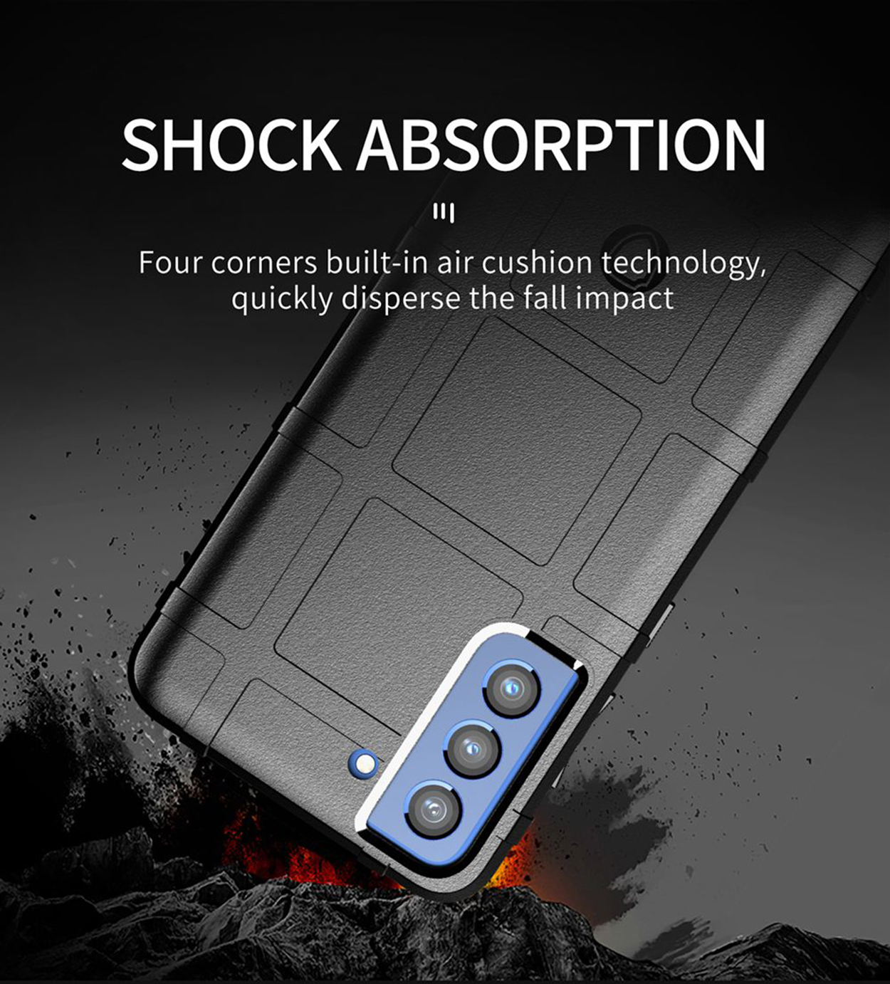 Coque de téléphone noire avec lentilles de caméra bleues, absorption des chocs, texte en haut.
