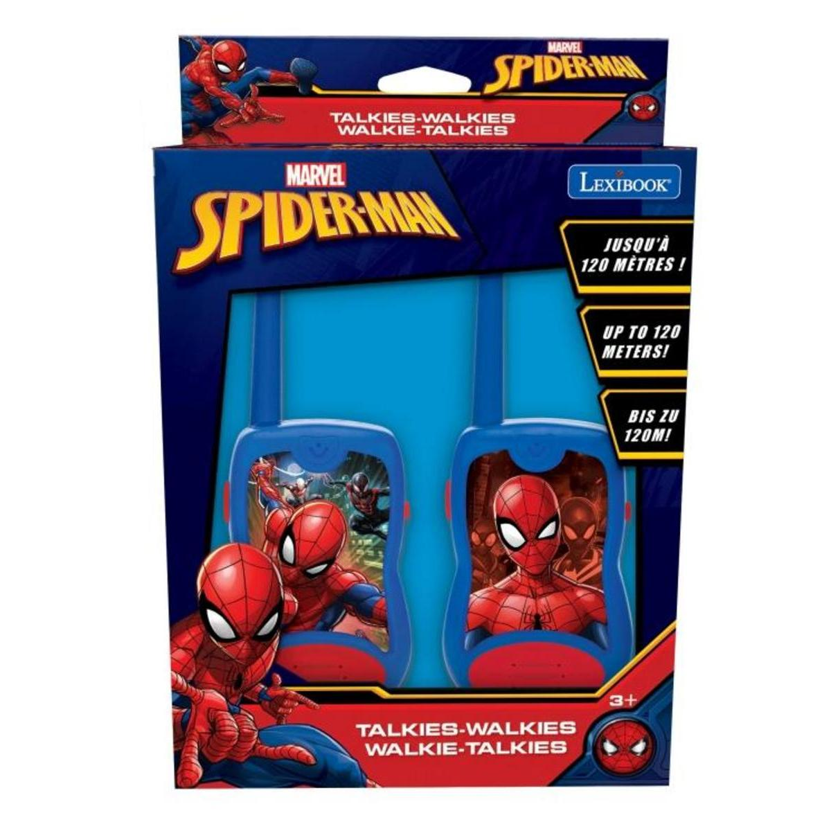 Walkie-talkies de Spider-Man en una caja, con el logotipo e imagen de Spider-Man.