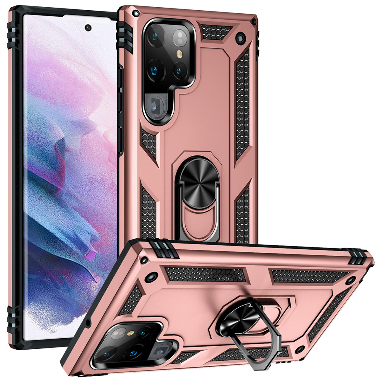 Roségouden telefoonhoesje met een ringhouder en een telefoon erin. Nog twee hoesjes worden in verschillende hoeken getoond.