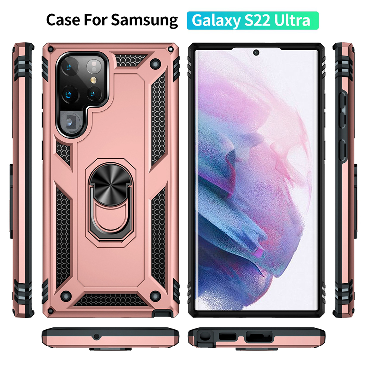 Roségouden telefoonhoesje voor Samsung Galaxy S22 Ultra. Met ringhouder en honingraatontwerp.