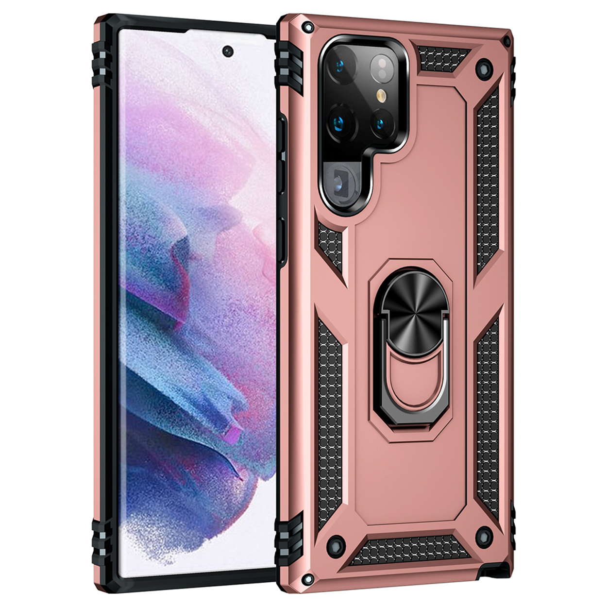 Roségouden telefoonhoes met ringhouder. Telefoon is links zichtbaar. Zwarte accenten.