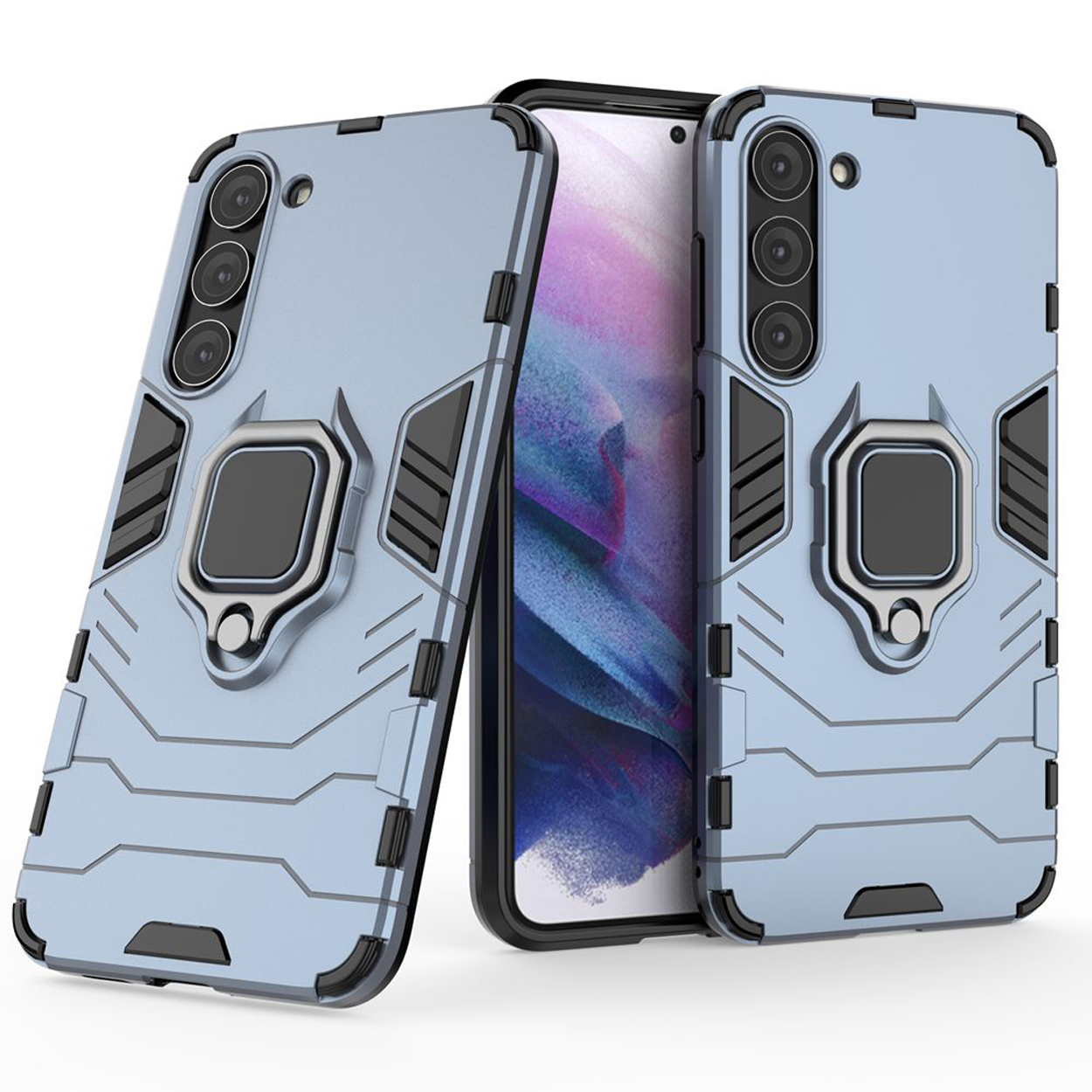 Blauwe telefoonhoesjes met een ringhouder en telefoon erin. De hoesjes staan op een witte achtergrond.