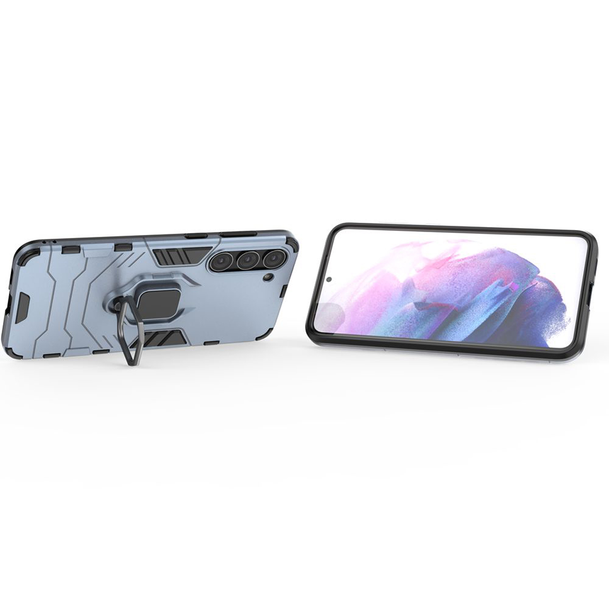 Telefoon met lichtblauwe hoes met ringhouder, naast een telefoon met zwarte hoes. Beide op een witte achtergrond.