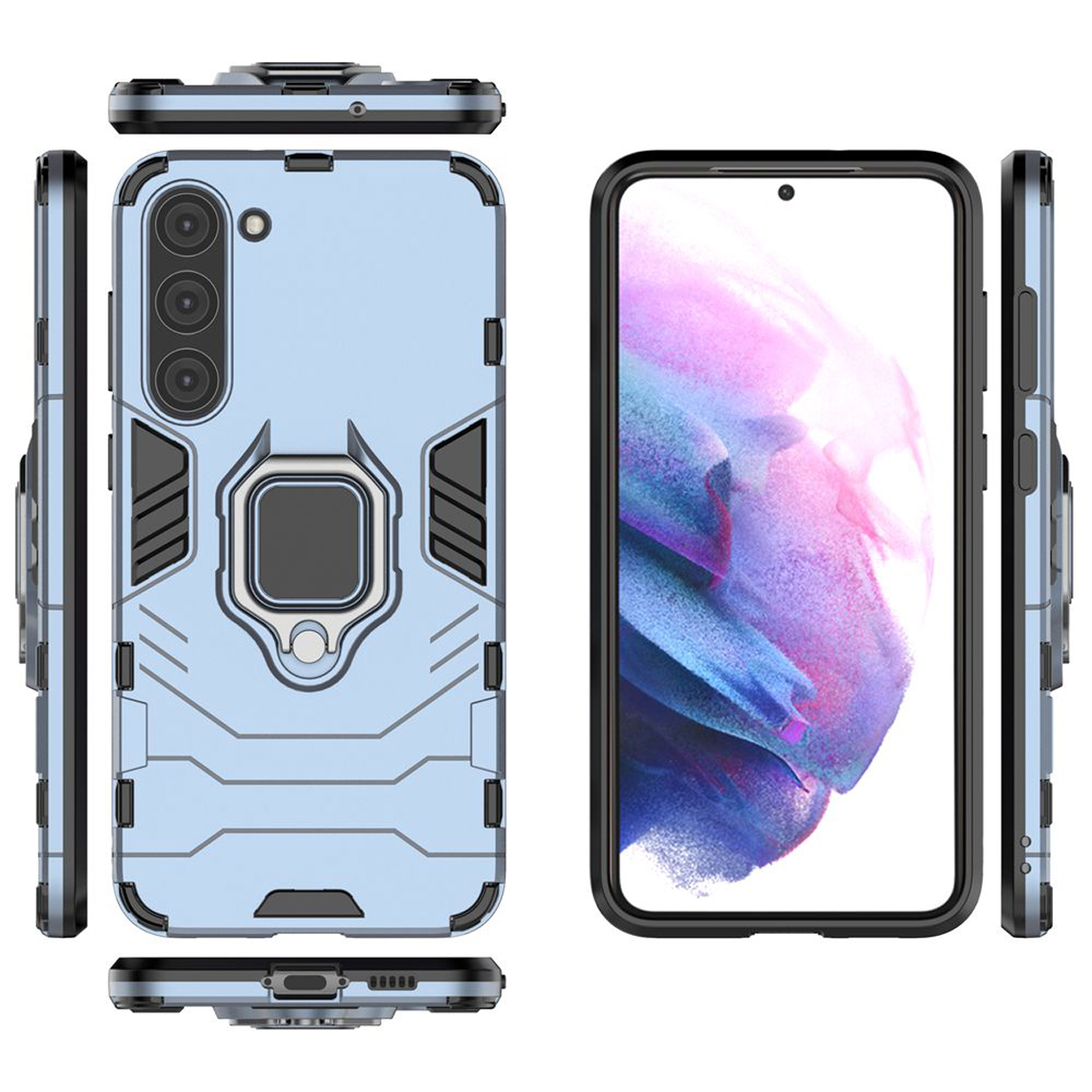 Lichtblauwe telefoonhoes, met ringhouder en een telefoon.