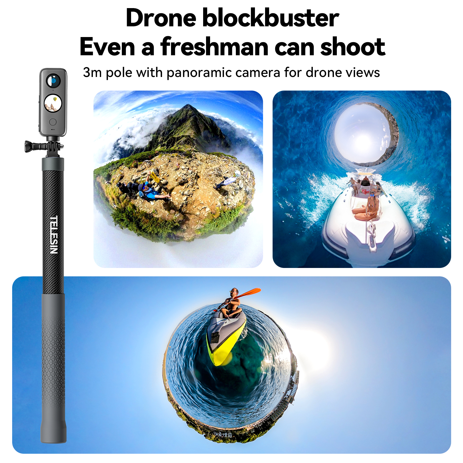 Een drone met een camera en drie panoramische beelden van verschillende scènes.