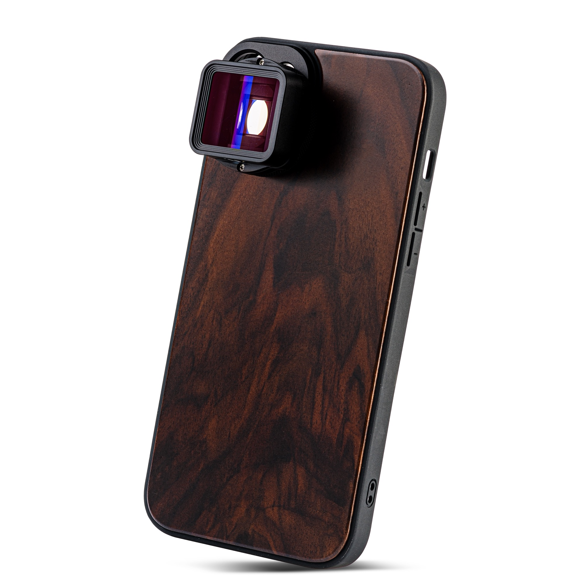 Wooden phone case with lens attachment. Black camera lens, blue light.