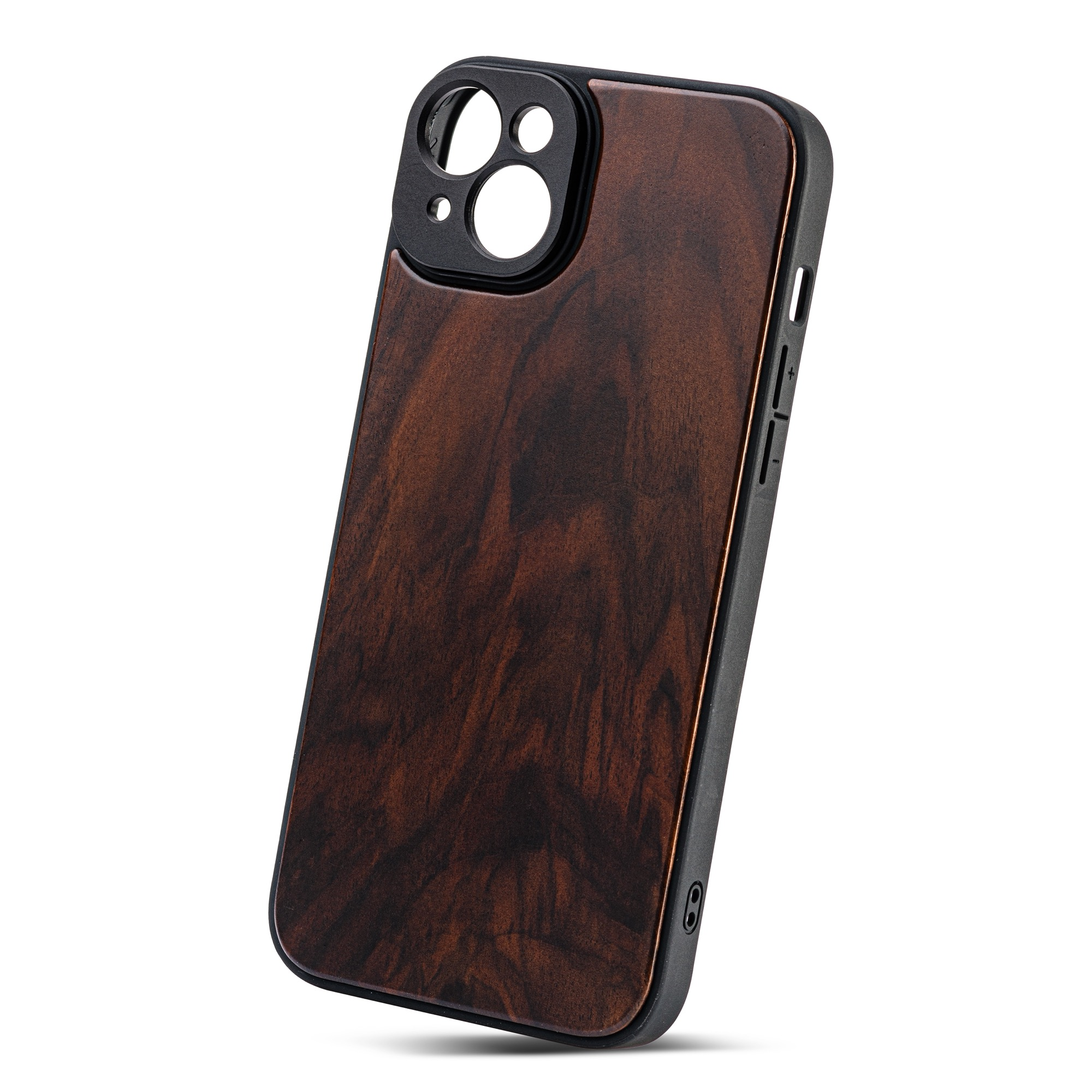 Wooden textured phone case with a black camera lens cover. Angled view, dark brown color.