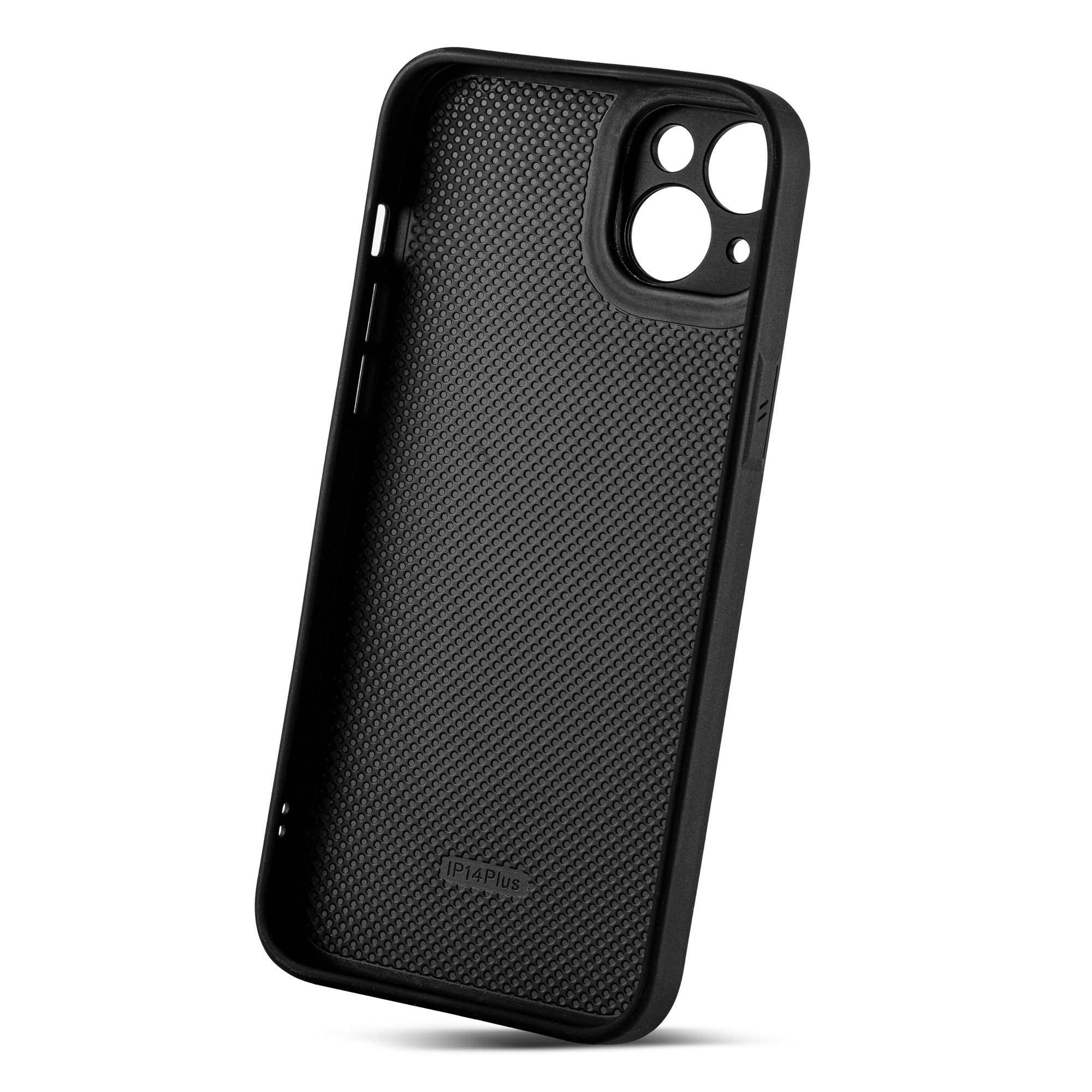 Black phone case interior with a dotted pattern.