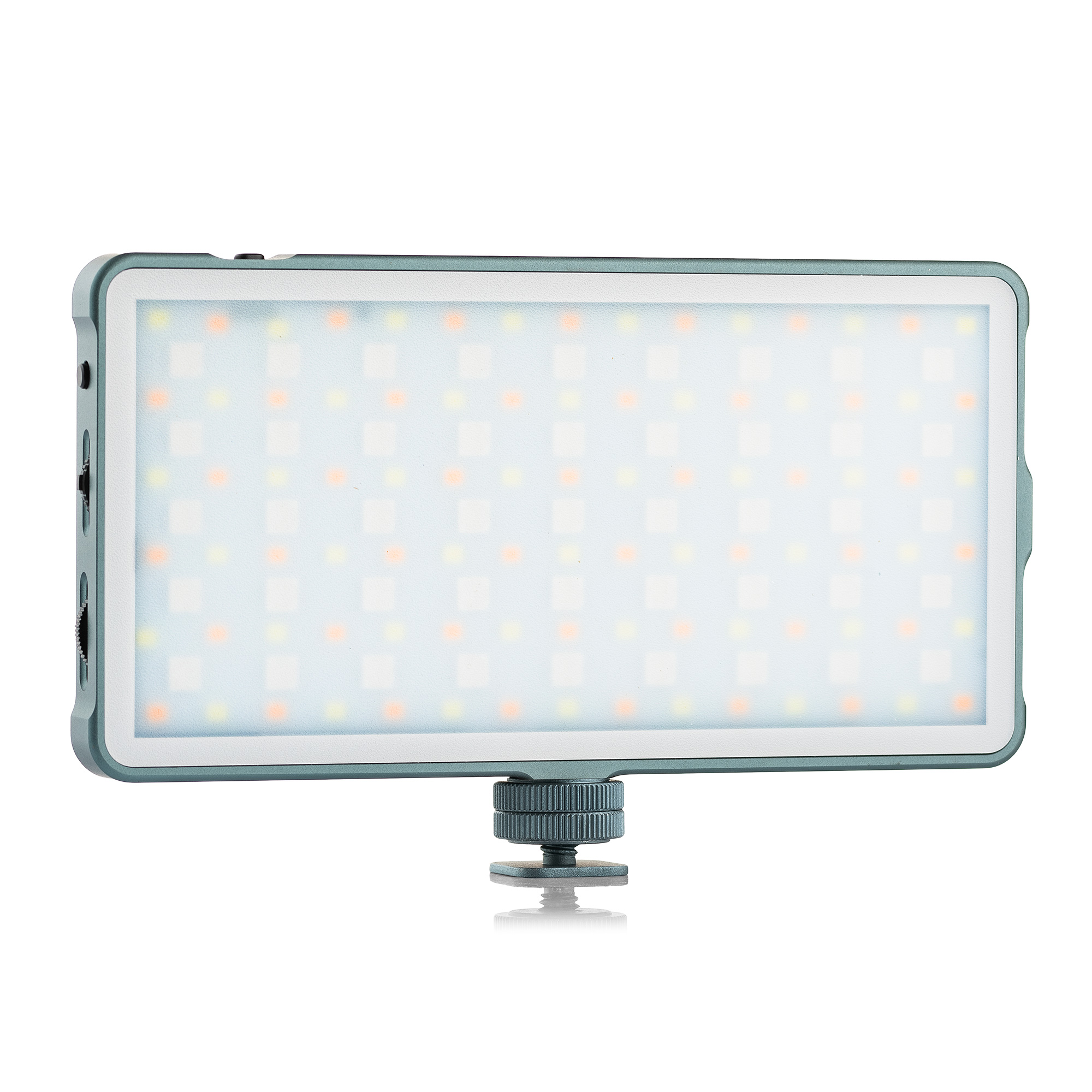 LED light panel, rectangular with a blue-gray frame and many small, bright lights.