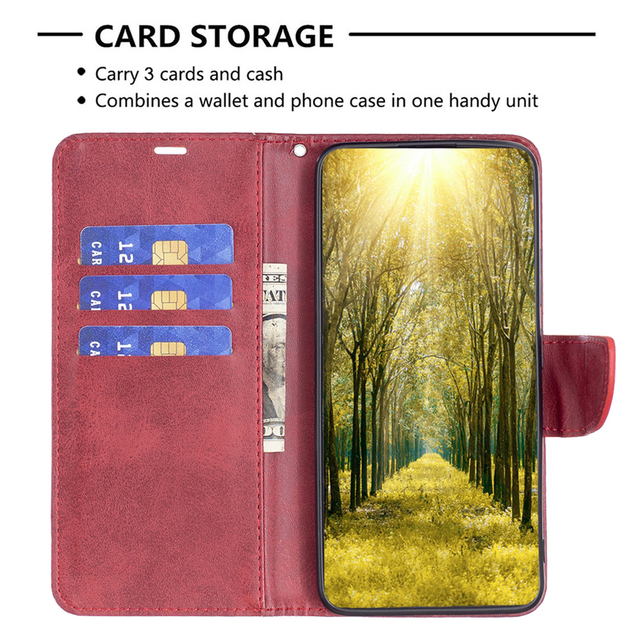 Coque de téléphone rouge avec cartes et argent liquide à l'intérieur. La coque a une fonction de stockage de cartes.