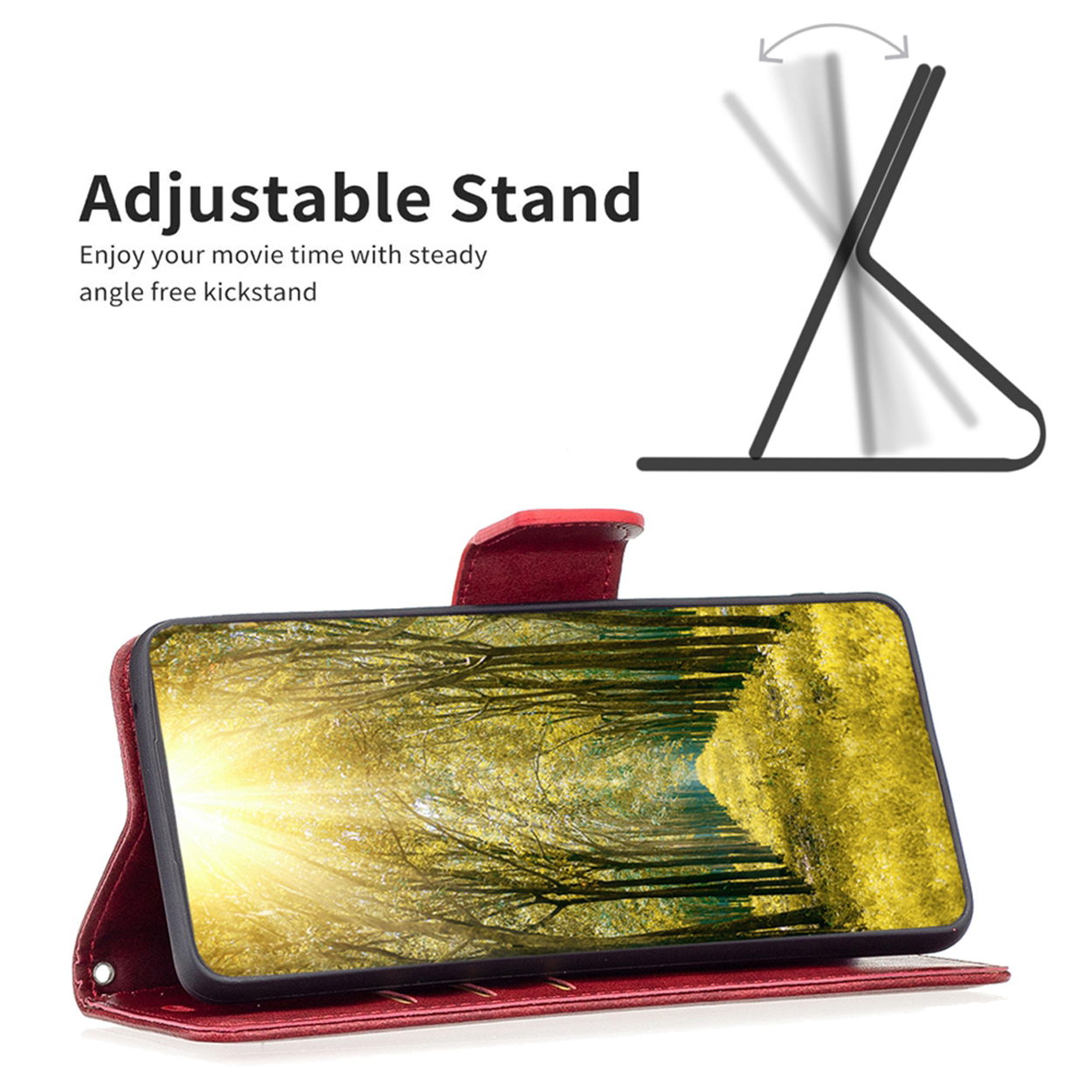 Étui de téléphone rouge ouvert avec un téléphone à l'intérieur. Le téléphone affiche un paysage vert et jaune.