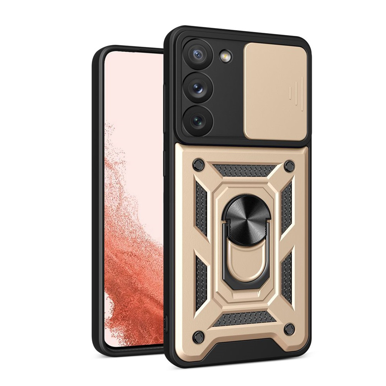 Goud-zwarte telefoonhoes met camerahoes en ringhouder.
